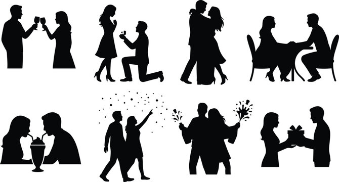 Vector silhouette set of romantic couples dating proposing and celebrating love for Valentine design