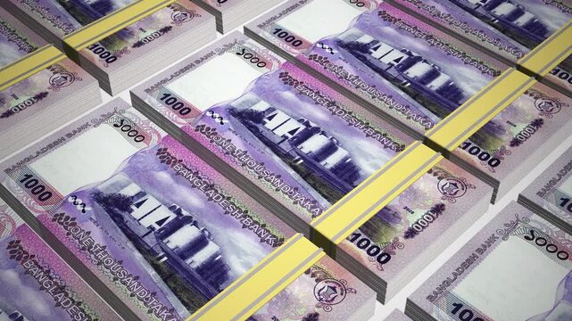 Stacks of 1000 BDT or One Thousand Bangladesh Taka banknotes or currency. Neat Rows of Bangladeshi 1000 Taka Bank note in 3D Motion. 4k Animation.