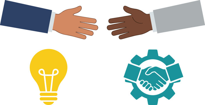 Corporate Business Partnership Vector Icon Set with Multicultural Diverse Handshake Yellow Innovation Lightbulb and Handshake Inside Cogwheel Symbol