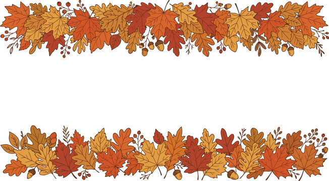 Vector illustration of autumn leaf borders featuring acorns, berries, seasonal foliage, festive fall frame design, and decorative icons.