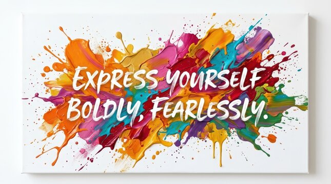 Express yourself boldly, fearlessly - vibrant abstract paint splatter canvas art inspirational quote