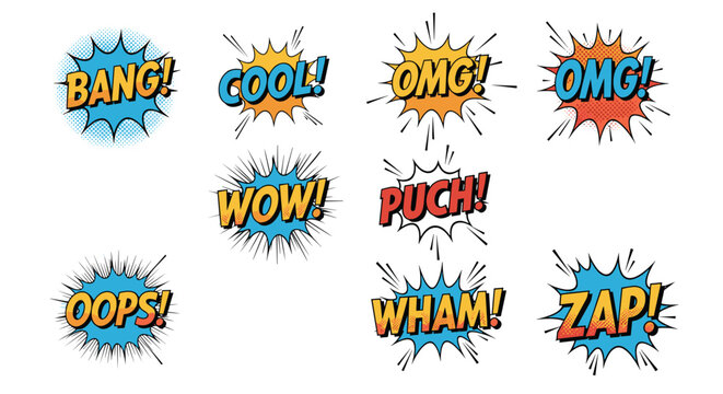 Pop art collection of comic book speech bubbles with colorful explosive backgrounds and expressive words like bang and wow.