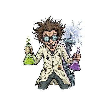 Cartoonish Mad Scientist With Oversized Goggles And Stained Lab Coat, Holding Colorful Beakers Next To Active Tesla Coil Emitting Sparks, Vector Illustration