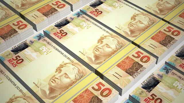 Stacks of 50 BRL or Fifty Brazil real banknotes or currency. Neat Rows of Brazilian 50 real Bank note in 3D Motion. 4k Animation.
