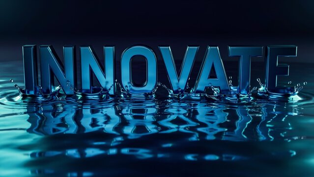 Three dimensional innovate text splashing in metallic blue liquid representing business creativity fluid motion and corporate development in modern industrial design and sleek typography style.