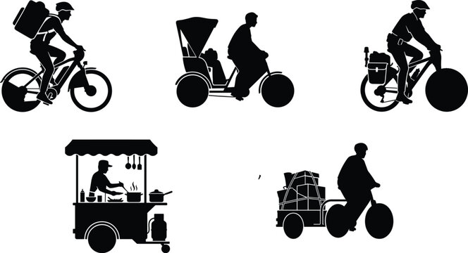 Vector silhouette set of urban bicycle transport including food delivery courier cargo bike cycle rickshaw and street food vendor cart