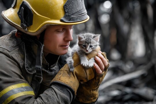 A firefighter holds a small kitten, both showing signs of distress after a forest fire. The surrounding area is charred.