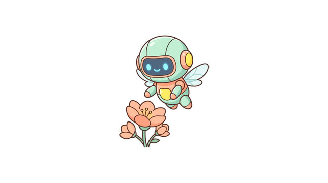 Cute cartoon pollinator drone robot with wings flying near pink flowers on a white background. Futuristic mechanical bee illustration with digital smiling face for agritech concepts.