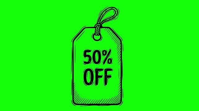 hand drawn 50 percent off sale price tag animation with line boil effect over green screen chroma key background Black fill graphic element for e commerce