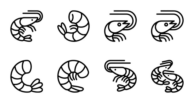 Shrimp Icons Set, Seafood Vector Graphics, Marine Life Outline Illustrations, Culinary Food Art