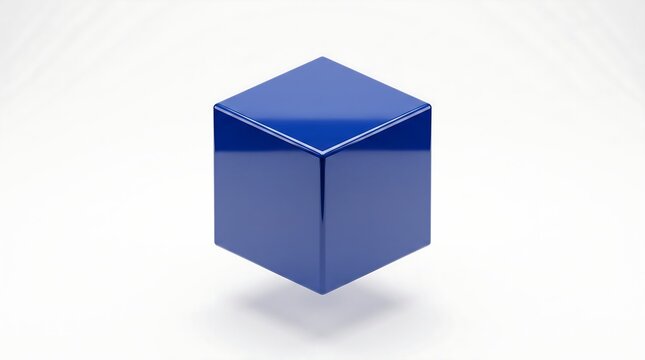 Minimalist 3D render of a solid blue cube casting a soft shadow on a bright studio background.