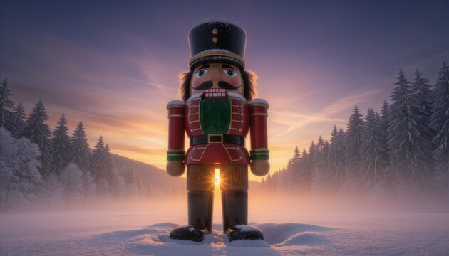 Traditional wooden christmas nutcracker soldier standing on a snowy field during winter sunset with pine forest background