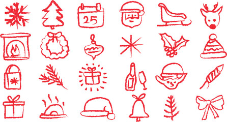 Hand drawn red christmas icons featuring festive holiday symbols like Santa Claus snowflakes reindeer wreaths gifts pine trees and ornaments arranged neatly on a clean white background for seasonal gr © jharna