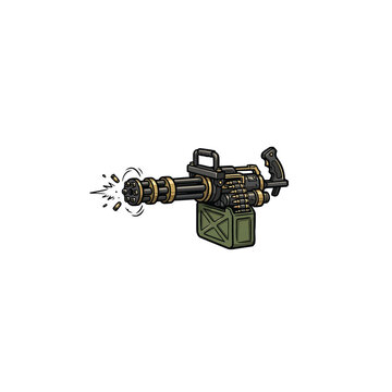 Minigun With Rotating Barrels And Attached Ammo Belt Connected To A Green Box Magazine Shown Firing With Muzzle Flash And Bullet Casings Ejecting Vector Illustration