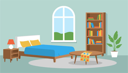Cozy bedroom interior with bed nightstand bookshelf and window during daytime © MD RIYAUL ISLAM