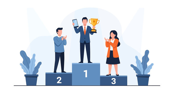 People standing on winner podium steps.