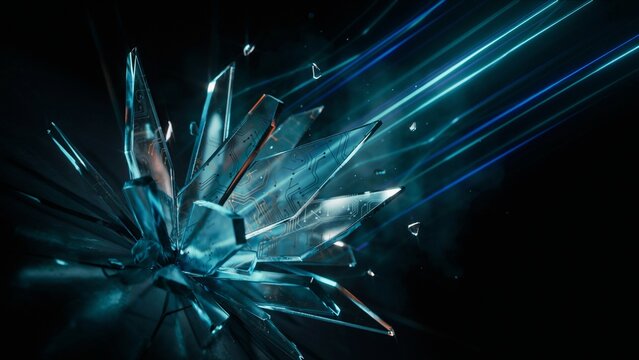 Abstract crystal formation with integrated electronic circuit board patterns glows in dark background representing high technology research innovation future science and digital complexity.