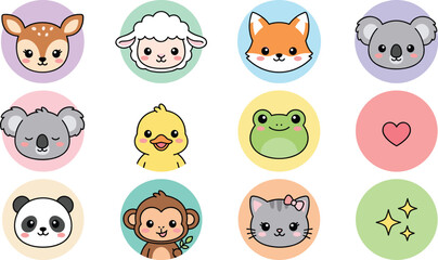 Fototapeta premium Cute Kawaii Animal Face Icon Collection with Deer, Sheep, Fox, Koala, Panda, Frog and Cartoon Character Designs