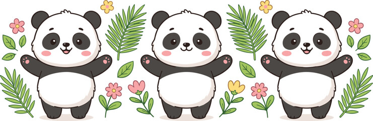 Cute panda family vector illustration featuring playful bears, flowers, leaves, ferns and cheerful decorative nature themed elements © LaifurRahman