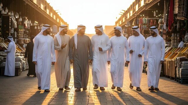 Middle Eastern men in traditional kandura walking through outdoor souk, Arab friends talking in golden sunset light