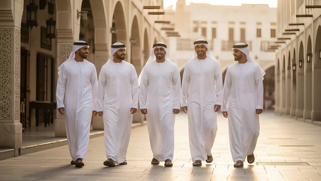 Arab men walking in traditional kandura, group of middle eastern friends in white thobe, gulf business partners in souq