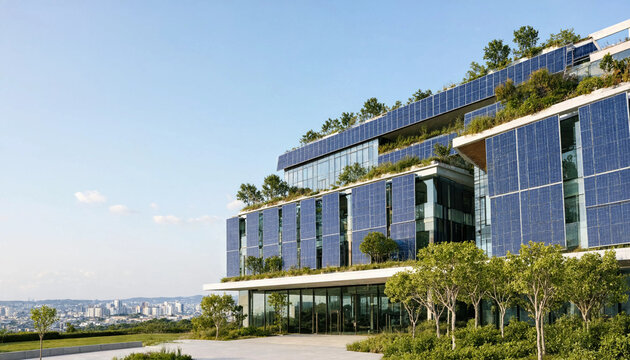 Sustainable modern building exterior with vertical gardens and integrated solar panel skin building architecture vertical sustainable renewable integrated friendly environment cladding
