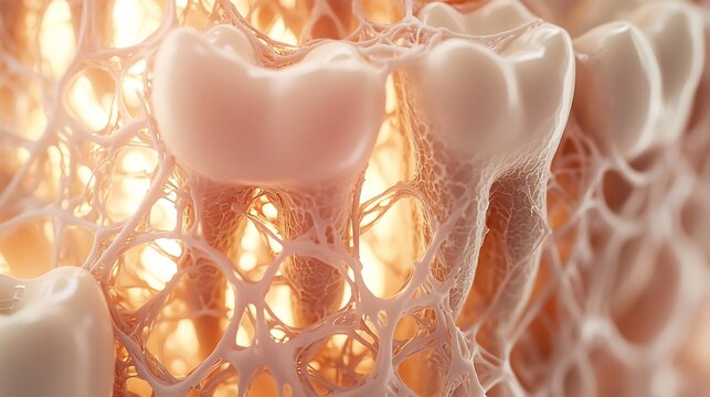 Microscopic View of Dentin Structure with Cellular Network and Warm Golden Lighting