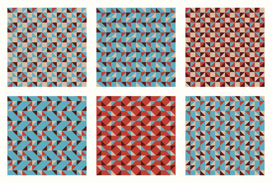 Muted retro red and blue, Color tessellation set, bundle of modern seamless vector patterns. Neutral retro colors. Repeatable design for fabric collection, wallpapers,