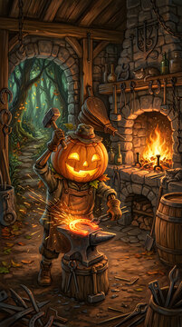Halloween blacksmith jack o' lantern craftsman forging metal in a rustic workshop