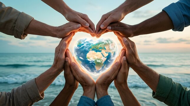 Diverse hands forming heart around earth global unity and environmental protection concept