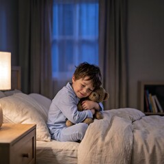 Fototapeta premium Cozy bedtime child routine with little boy hugging favorite stuffed bear in pajamas on bed