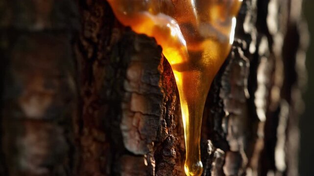 Extreme macro close up of thick amber tree resin slowly oozing down dark textured bark in a cinematic natural forest environment