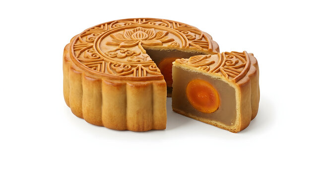 Delicious traditional chinese mooncake pastry with salted egg yolk filling sliced for the mid autumn festival celebration showing detailed golden brown crust and sweet lotus seed paste