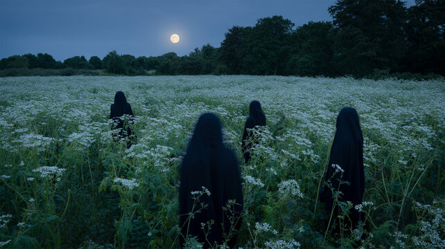 Moonlit pale flowers field with shadowy figures at night