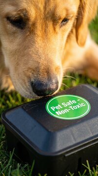 A golden retriever sniffs a black bait station with a pet safe non toxic label. This highlights safety and protection for domestic animals. Ideal for pest control and animal welfare content.