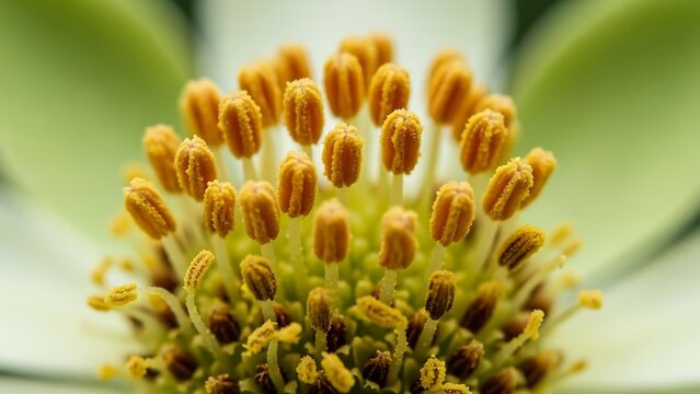 Close up view of flower stamen and pollen grains with botanical, reproduction