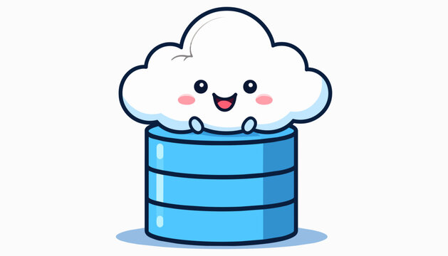 Happy cloud character sitting on a blue database server icon
