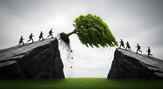 Business people crossing a chasm with a fallen tree bridge. Teams collaborate to overcome obstacles and achieve success. Conceptual illustration for challenge and solution.