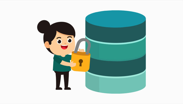 Young woman securing a database server with a large padlock