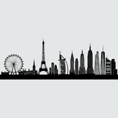 Fototapeta premium Global city skyline silhouette vector graphic with silhouette landmark architecture buildings metropolis downtown landscape monument construction illustration backdrop panorama vacation