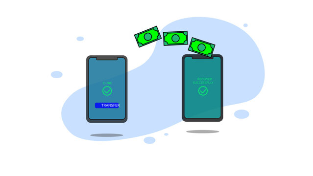 Digital money transfer between mobile smartphones on blue background