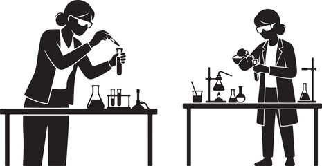 Fototapeta premium Women scientists conducting a chemistry experiment with flasks and beakers, silhouette vector illustration for science, laboratory, research and education design for schools