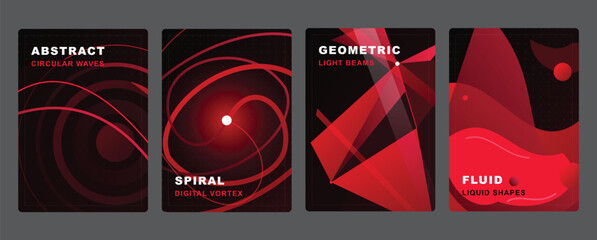 Fototapeta premium Modern abstract red and black design templates with circular waves, spiral, geometric shapes, and fluid elements for digital backgrounds