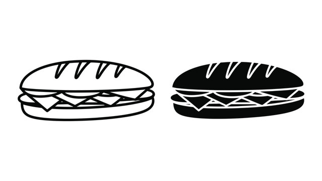 Black and white sandwich icons featuring a baguette sub sandwich in outline and solid silhouette style