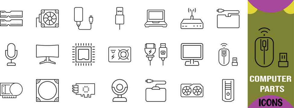 Computer hardware parts vector icons. laptop icon set, monitor icon set, mouse icon set