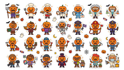 Fototapeta premium Cute Halloween Pumpkin Profession Characters – 25 Jack O Lantern Occupation Vector Sticker Pack