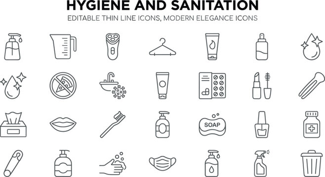 Hygiene and sanitation thin line icon set featuring soap mask washing hands cream toothbrush medicine and healthcare symbols