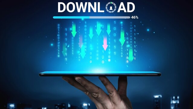 Futuristic Concept of Data Transfer and Download Progress Displayed on Tablet with Creative Digital Background. Entropy.
