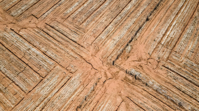 Abstract aerial view of dry cracked red clay earth texture.