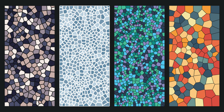 Set of Four Abstract Geometric Voronoi Tessellation Patterns in Various Color Palettes for Modern Decorative Backgrounds